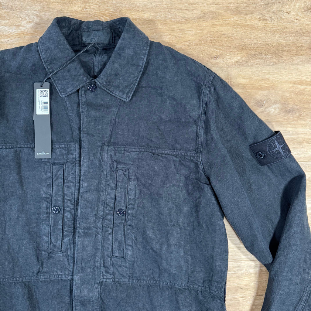 Stone Island Diagonal Linen Ghost Overshirt in Navy -Usfansport