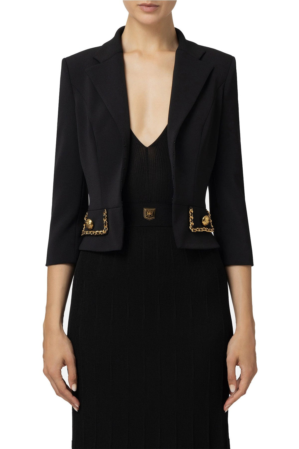 ELISABETTA FRANCHI Giacca cropped in doppio crÃªpe stretch con maniche a 3-4 e chiusura a monopetto.