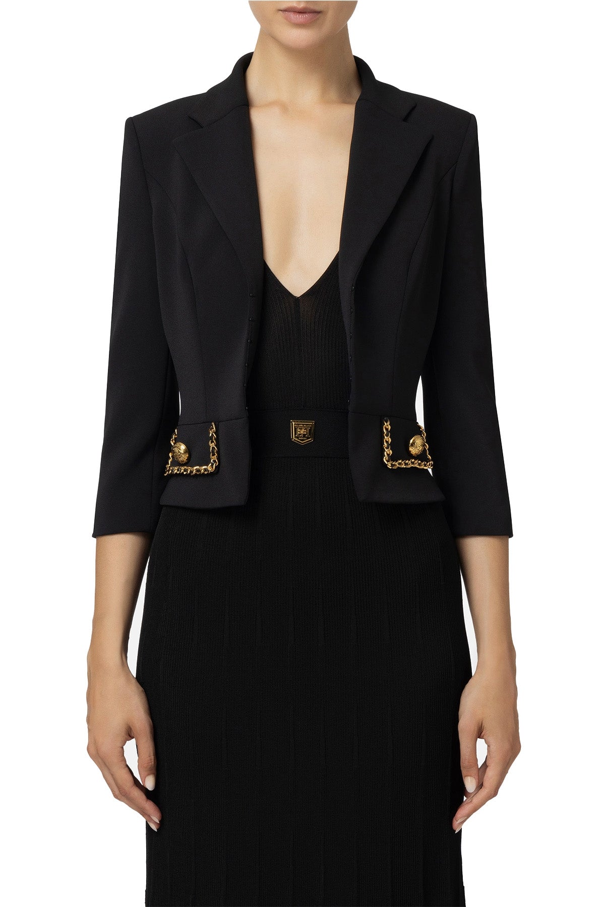 ELISABETTA FRANCHI Giacca cropped in doppio crÃªpe stretch con maniche a 3-4 e chiusura a monopetto.