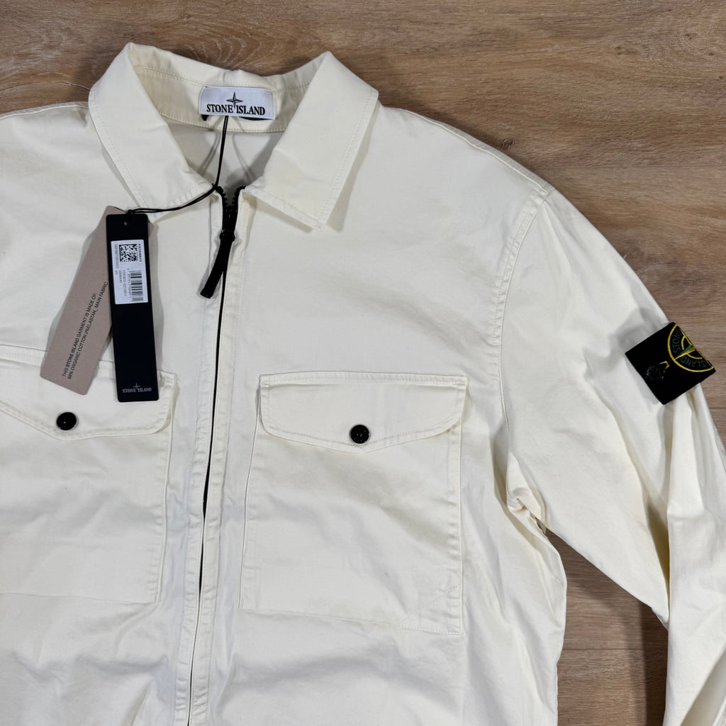 Stone Island Organic Stretch Cotton Overshirt in Ivory -Usfansport