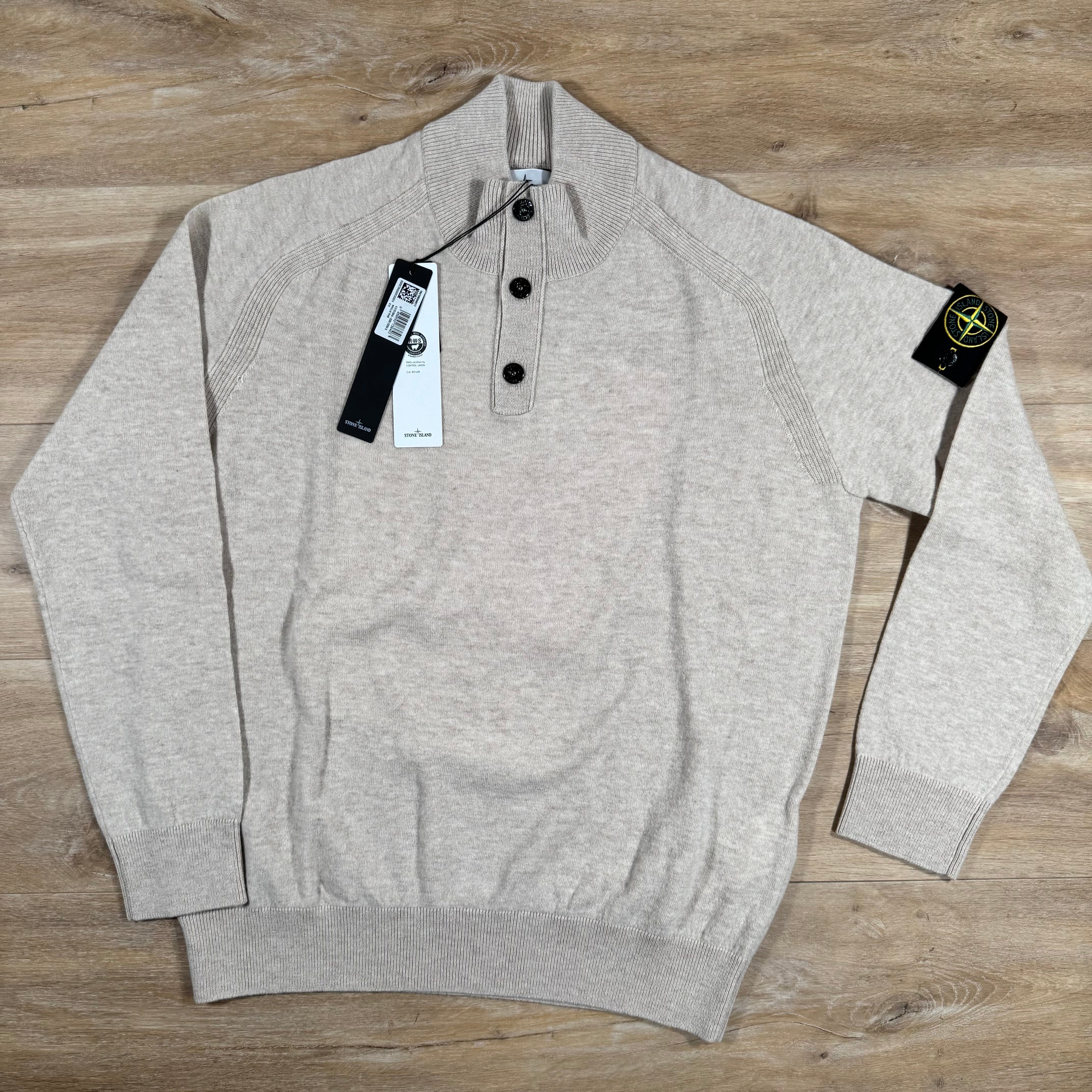 Stone Island Geelong Wool Half Button Jumper in Desert Melange -Usfansport