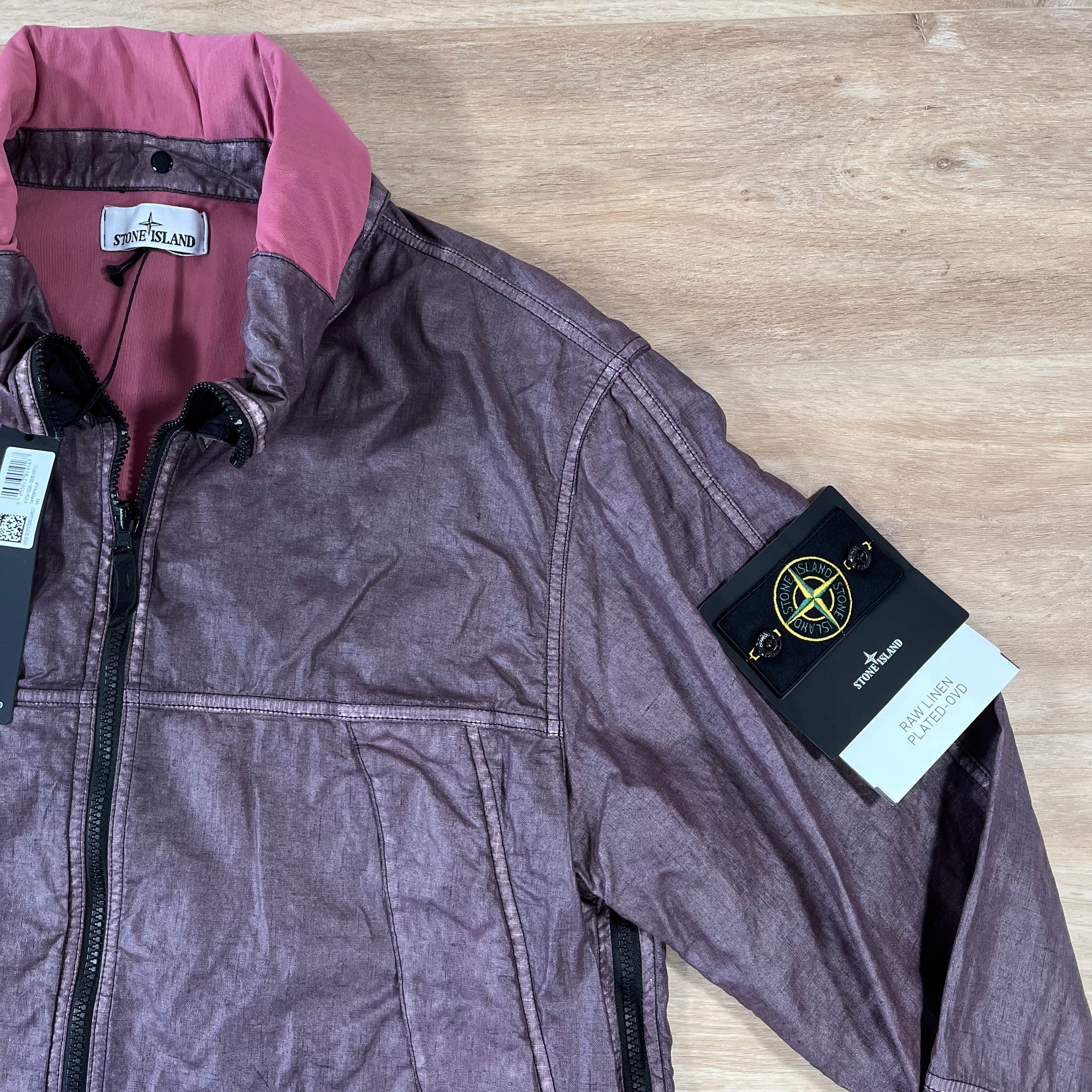 Stone Island Raw Linen Plated-OVD Jacket in Burgundy -Usfansport