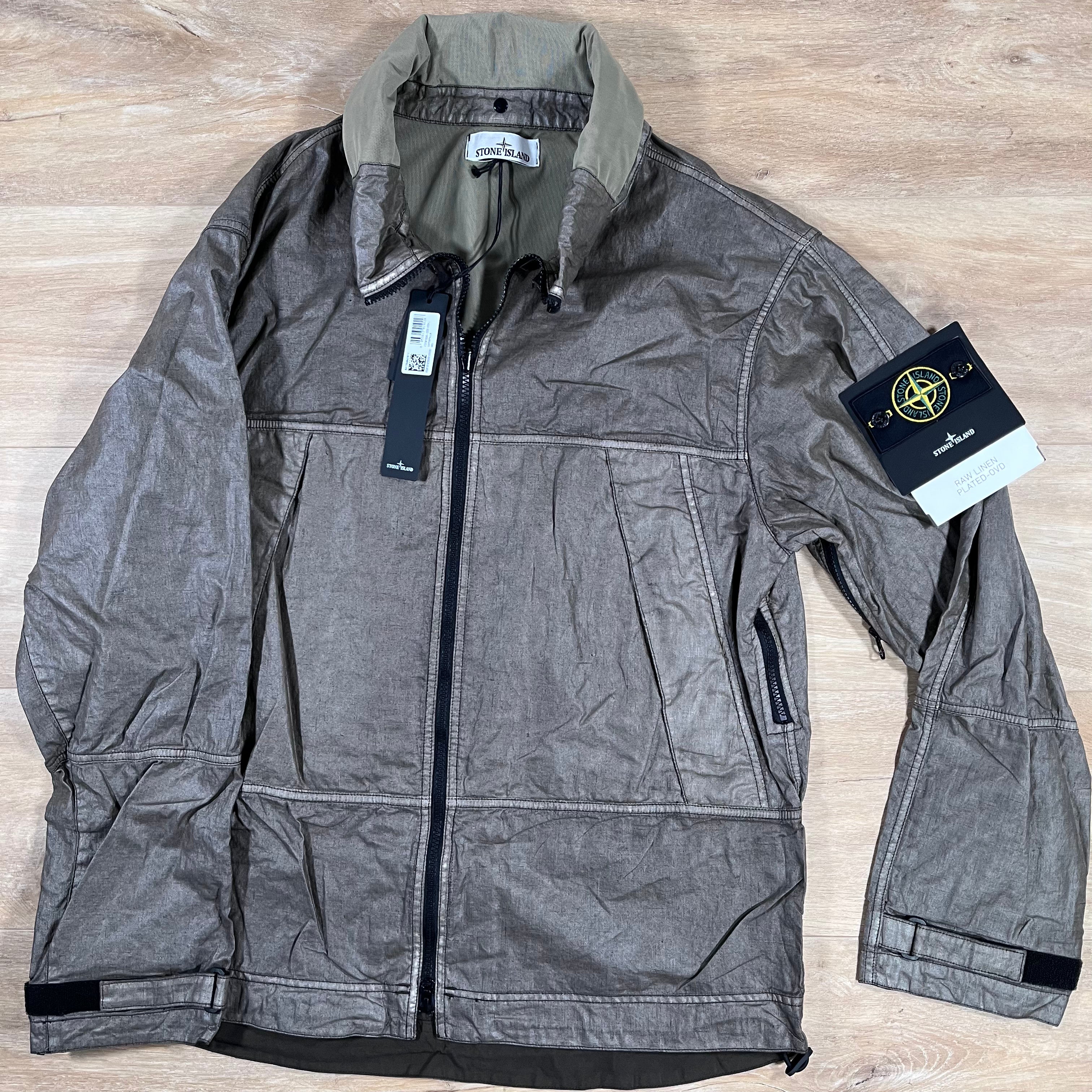 Stone Island Raw Linen Plated-OVD Jacket in Military Green -Usfansport