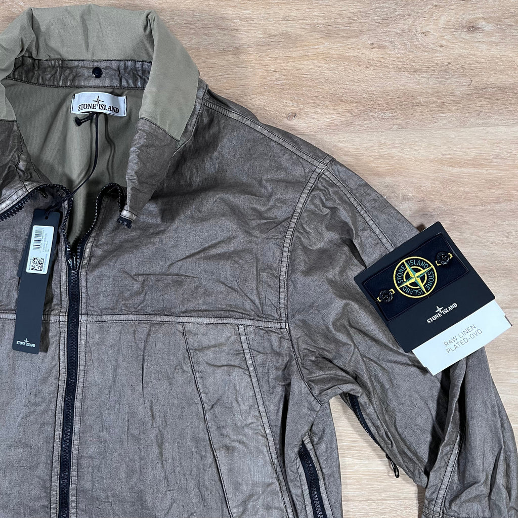 Stone Island Raw Linen Plated-OVD Jacket in Military Green -Usfansport
