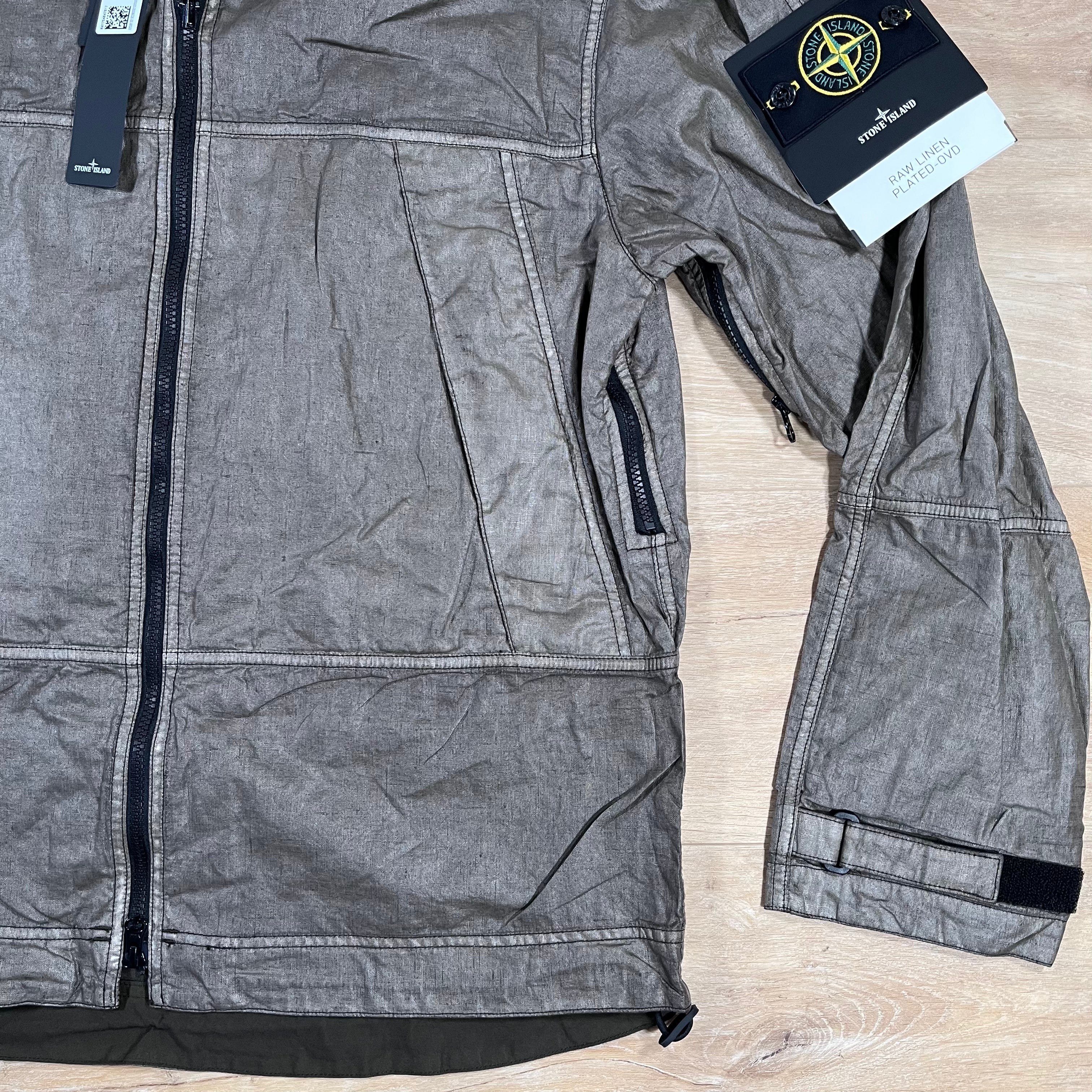 Stone Island Raw Linen Plated-OVD Jacket in Military Green -Usfansport