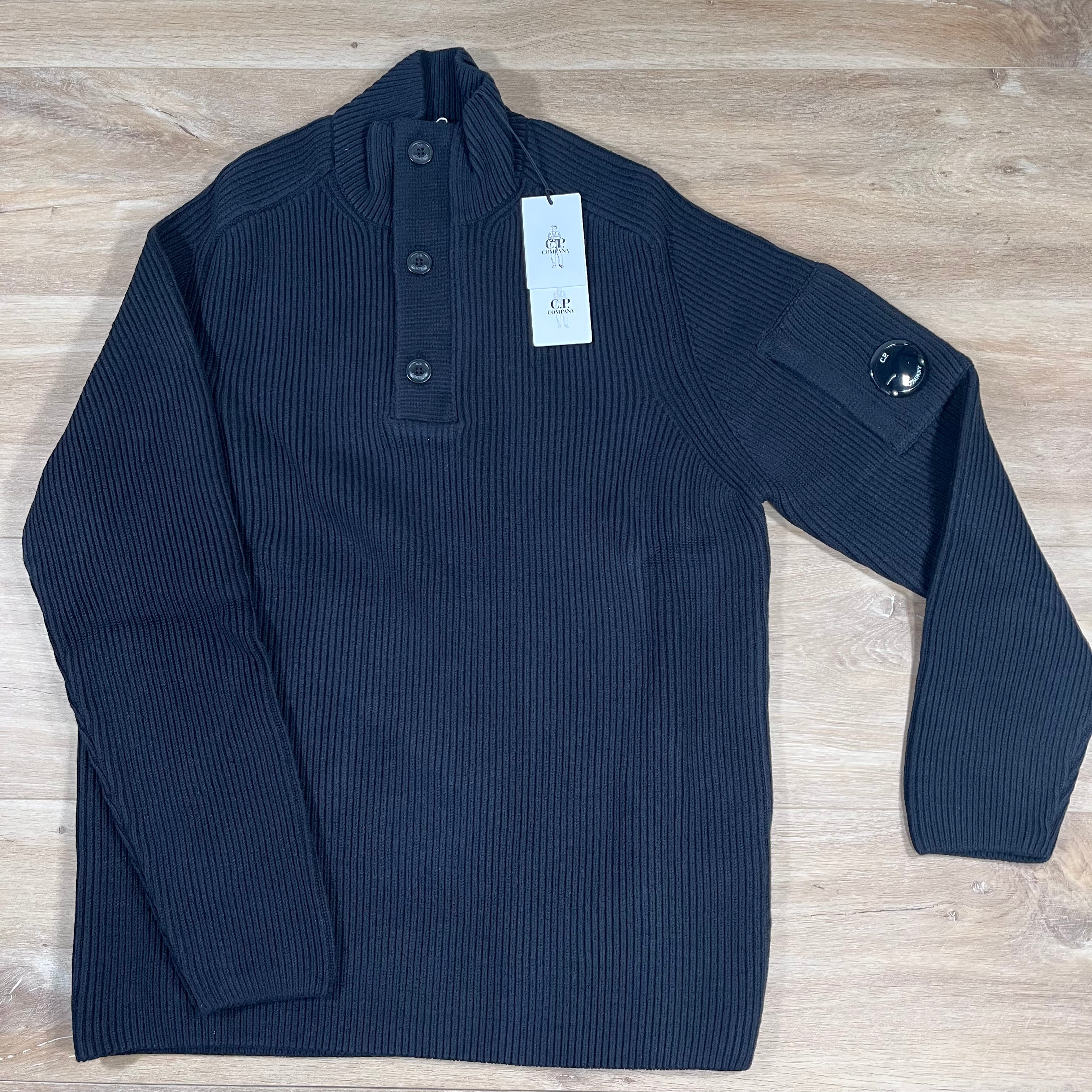 CP Company Full Rib Half-Button Lens Sweater in Black -Usfansport