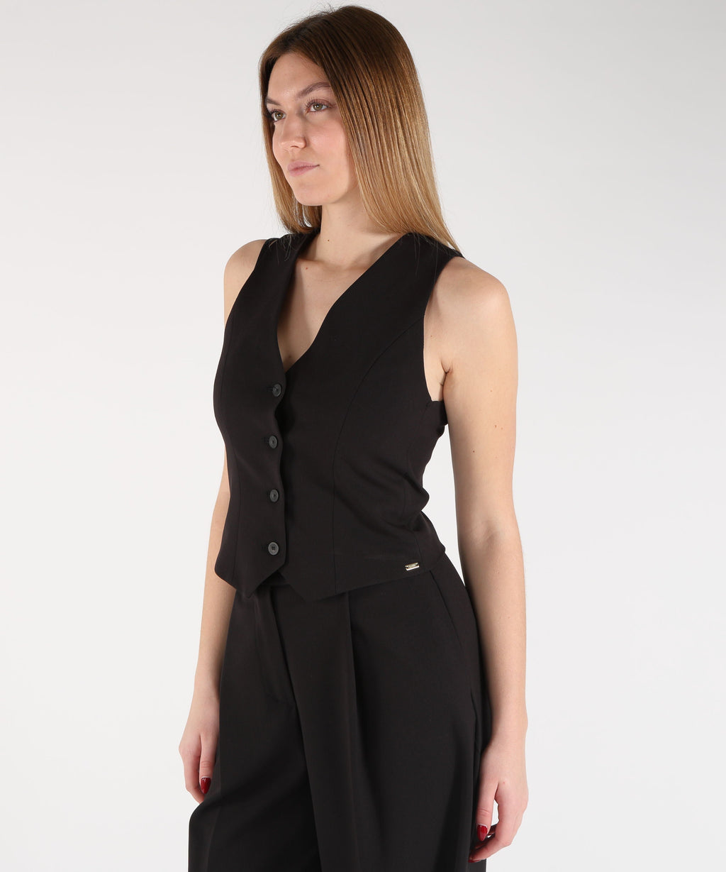 KAOS Gilet Donna in Misto Viscosa Stretch con Bottoni Logati e Logo Dorato
