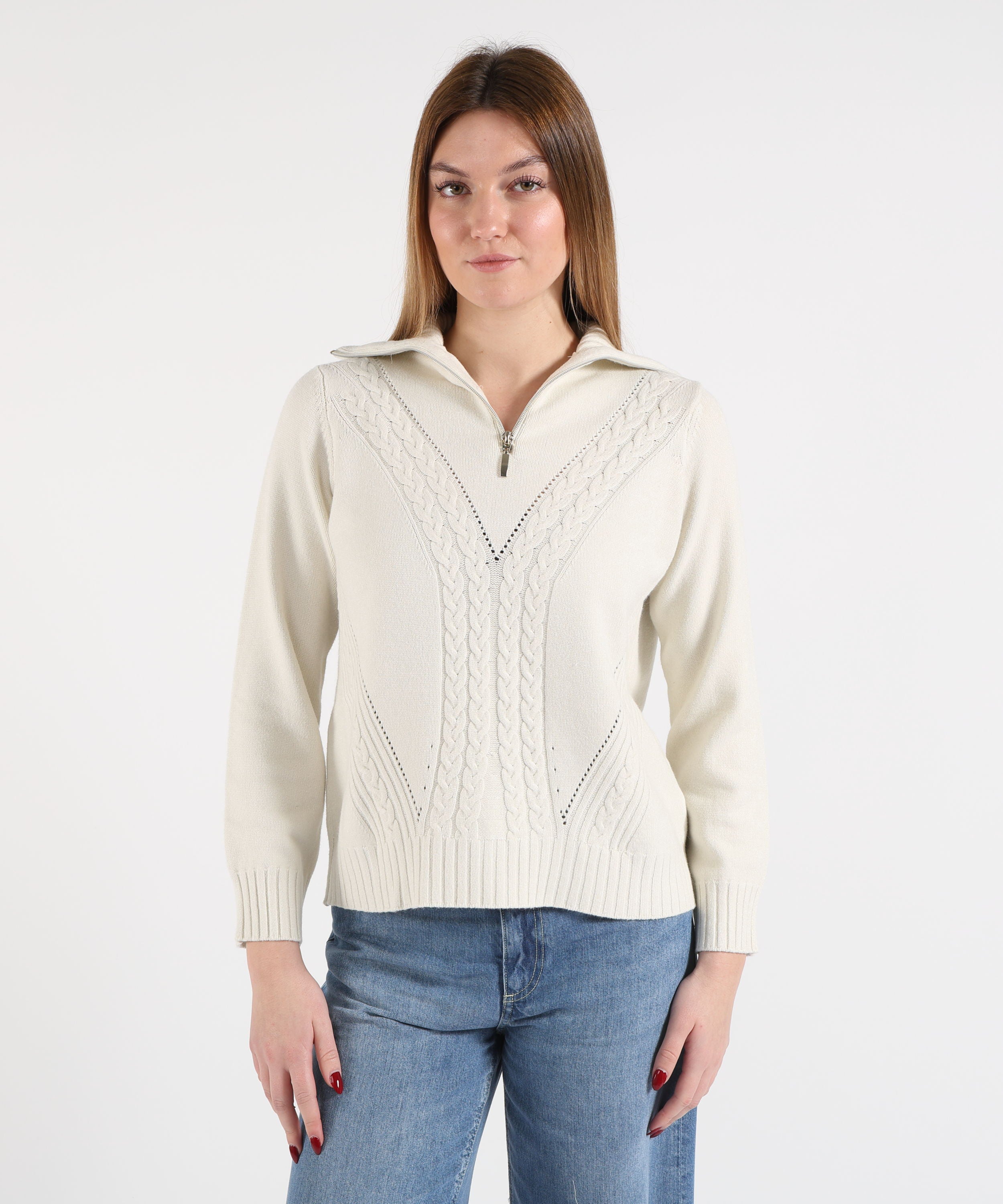KAOS Maglia Donna Ampia con Trecce Frontali e Collo Alto con Zip