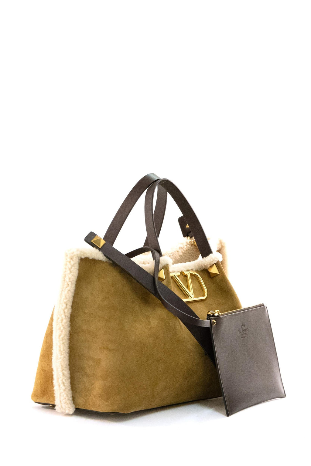 Borsa VLogo Medium in suede color beige con fodera in montone