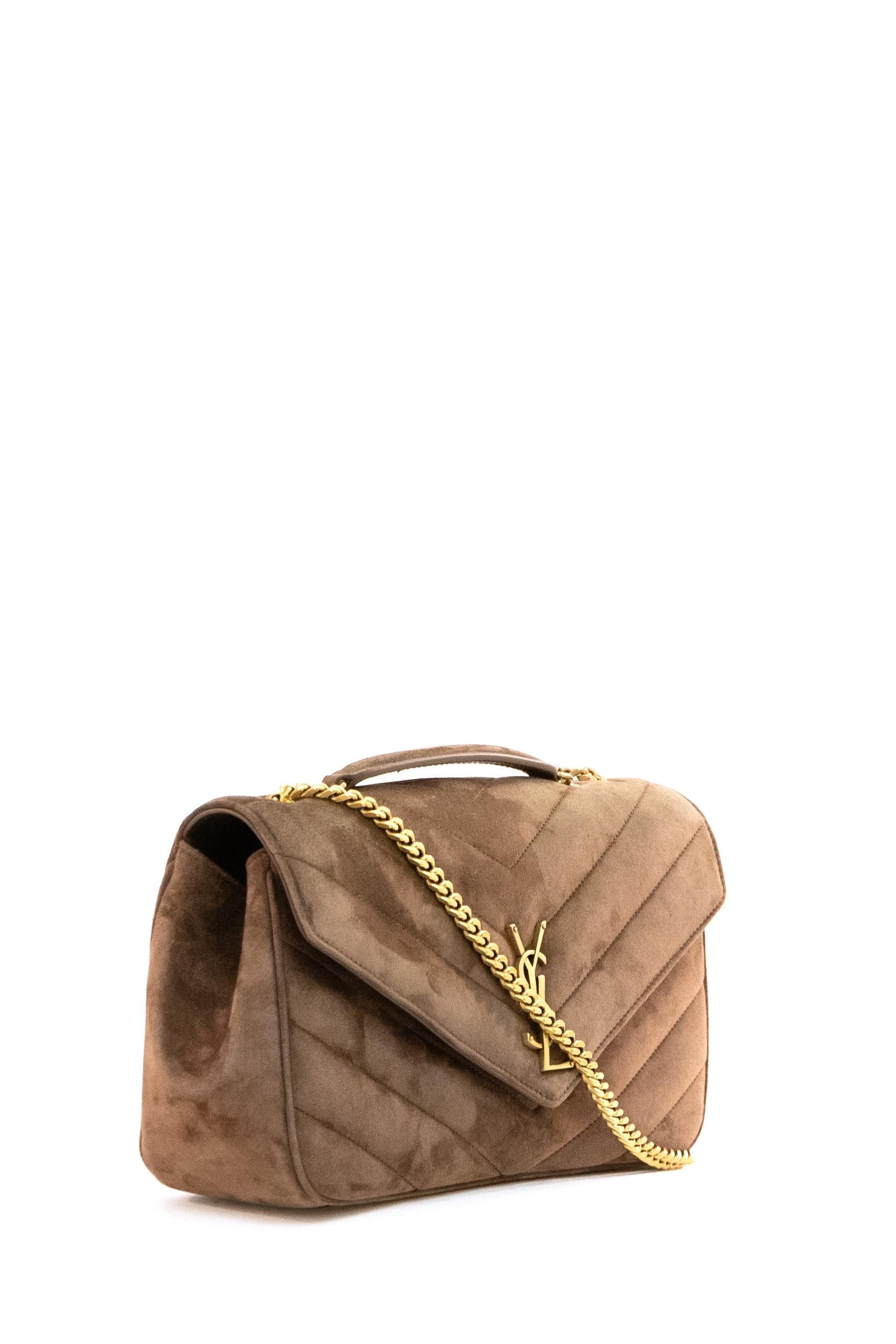 Borsa Loulou Media in suede matelassé color marrone