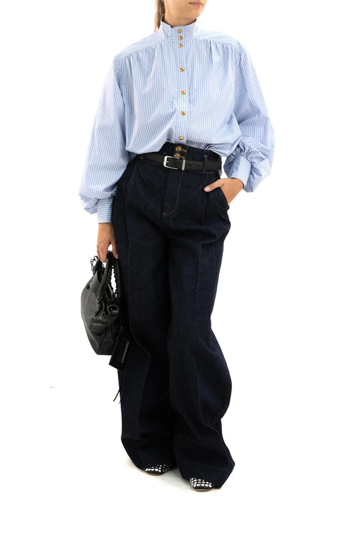 Blusa Utility a Righe Cotone Azzurro