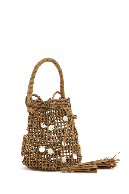 Borsa a secchiello in rafia color marrone chiaro