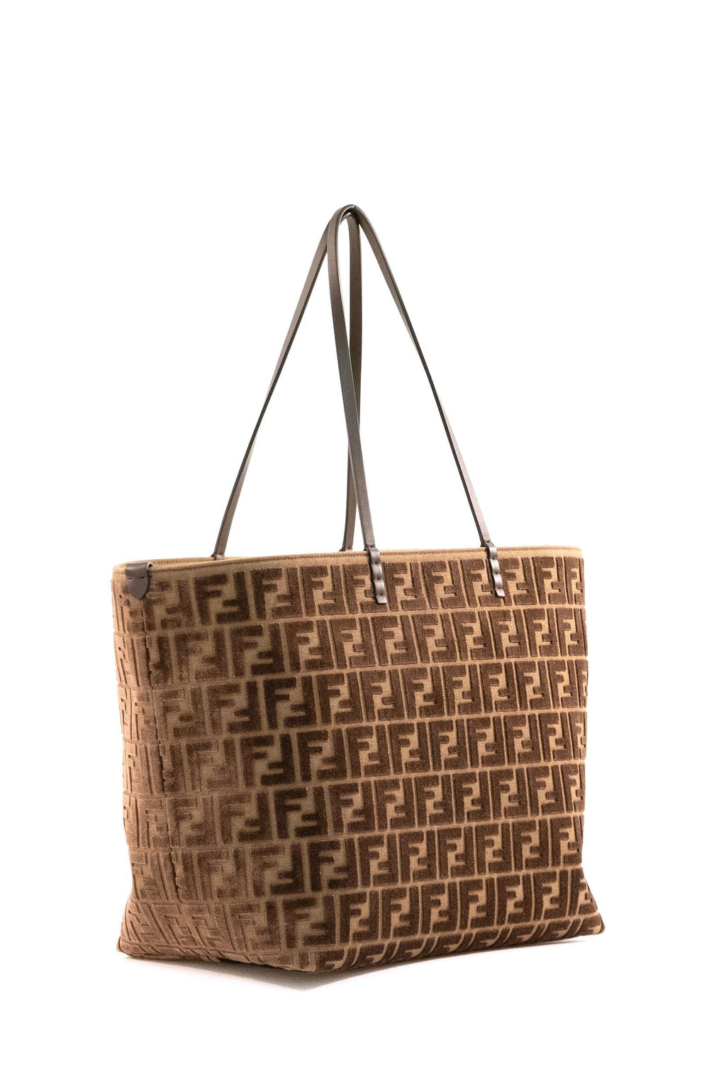 Borsa Roll Large in velluto FF jacquard color beige e marrone