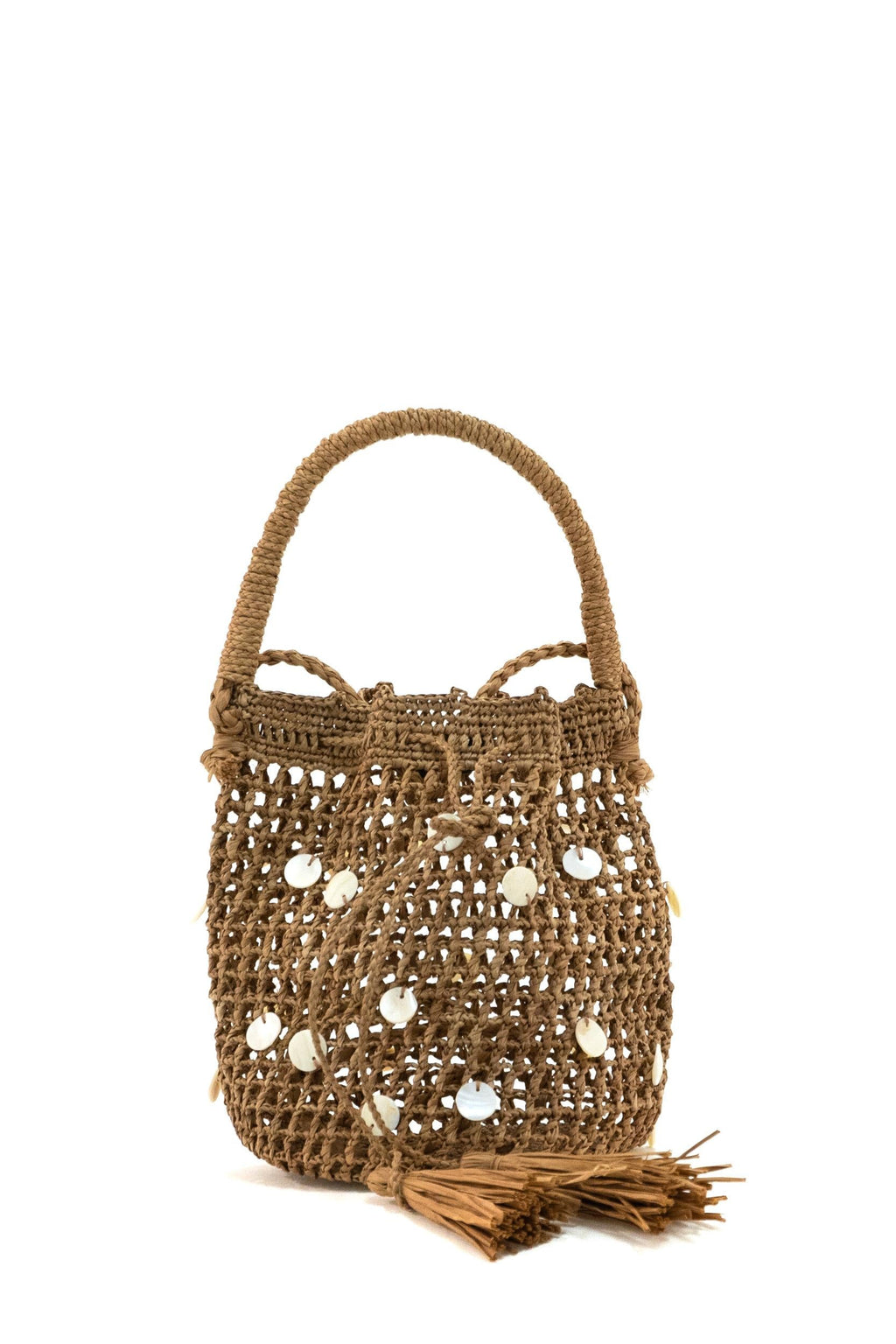 Borsa a secchiello in rafia color marrone chiaro