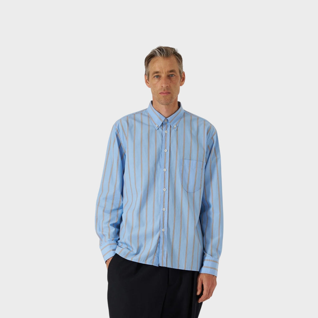 Universal Works Lazy Day Pop Stripe Four Skjorte I Blå