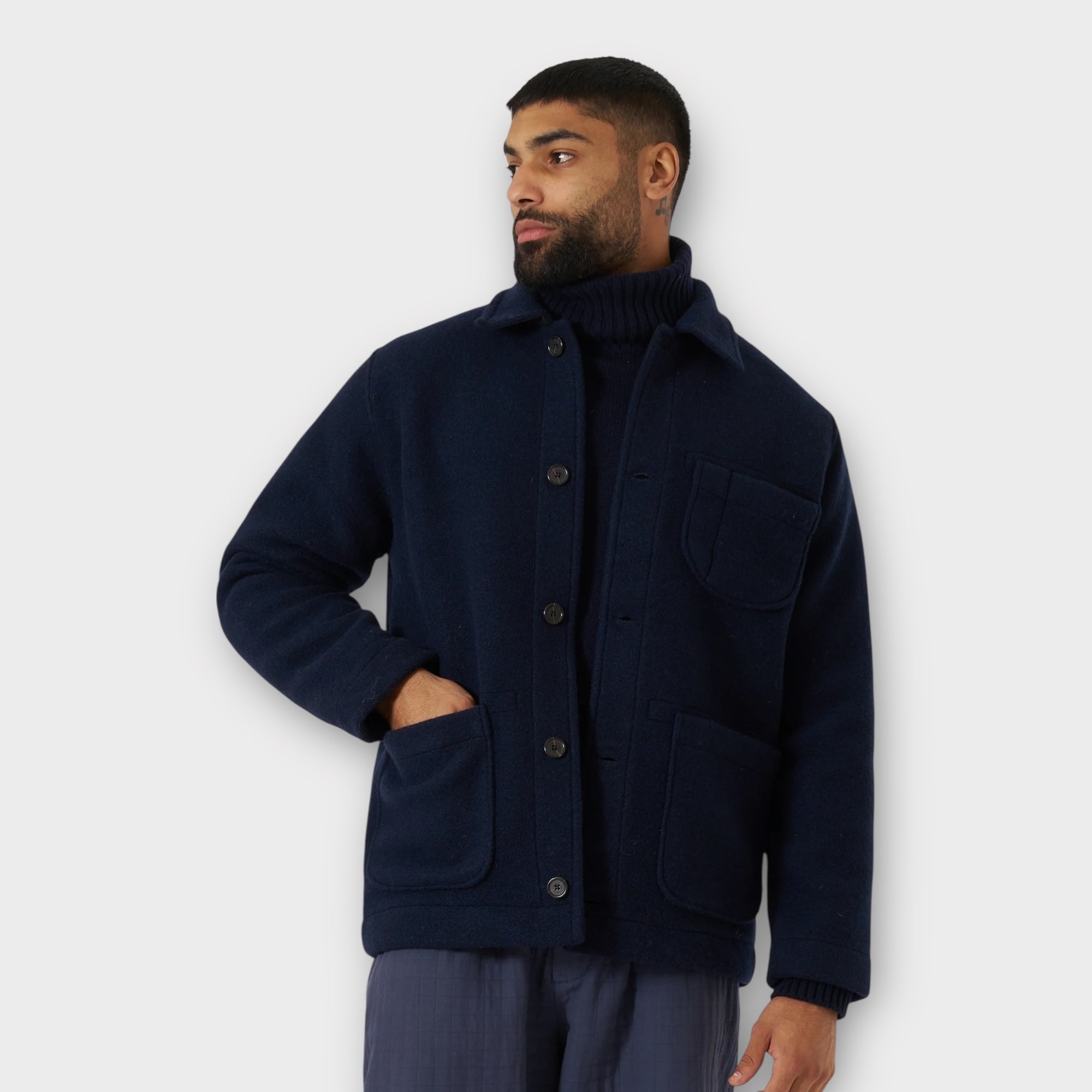 Universal Works Techno Melton Field Jakke I Navy Check